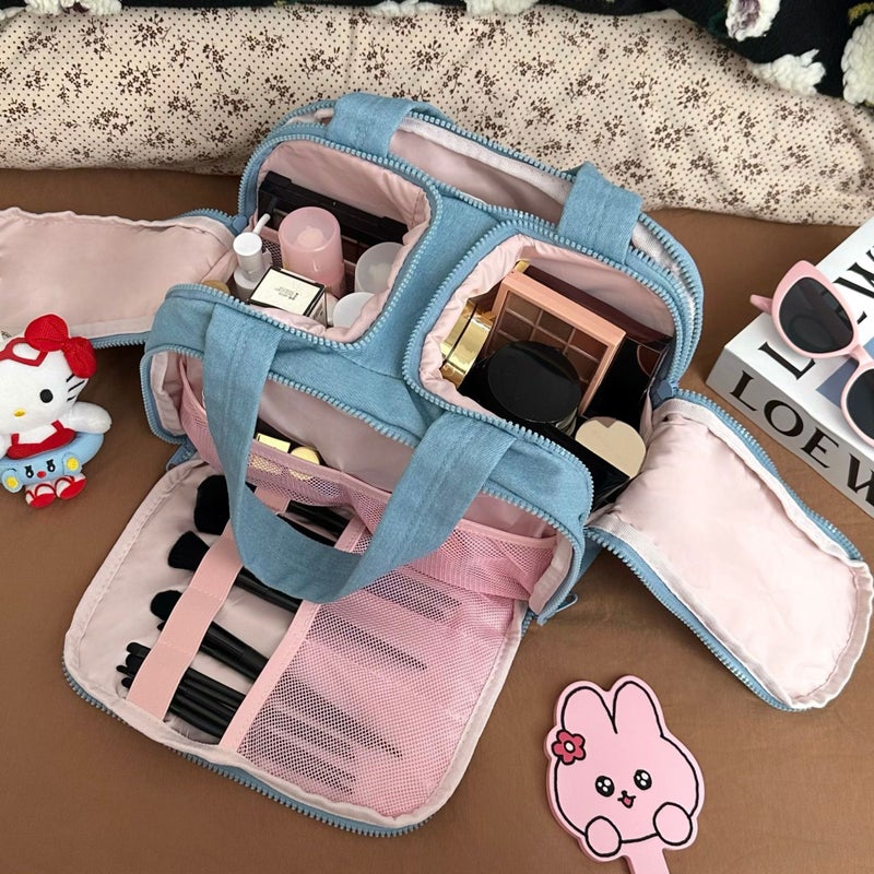 Denim Color Double Opening Cosmetic Bag Large Capacity Outgoing Women Portable Wash Bag Cosmetic Brush Partition Storage Bag - Image 3